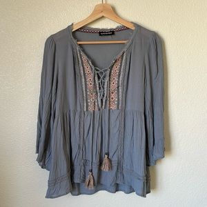 dusty blue embroidered blouse